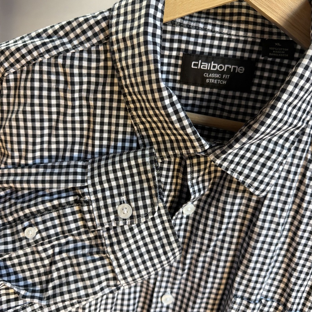 Liz Claiborne Classic Fit Stretch Men's XL Black White Shirt Dress Shirt